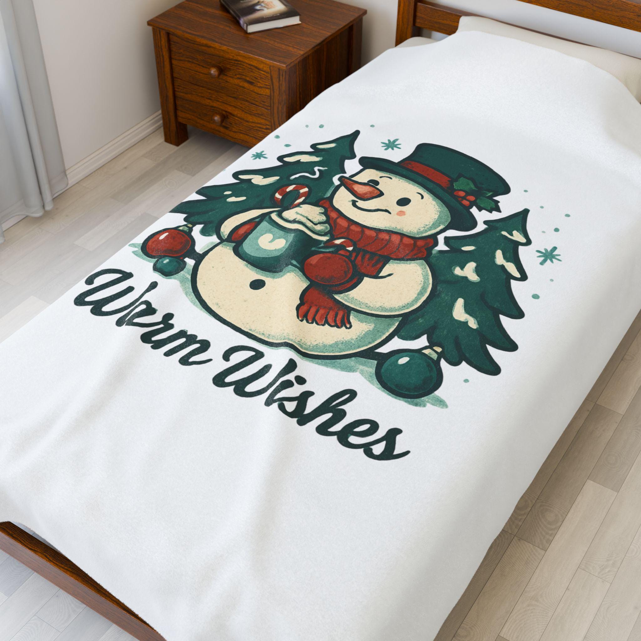 Snowman with Mug Warm Wishes Blanket | Christmas Velveteen Plush Blanket