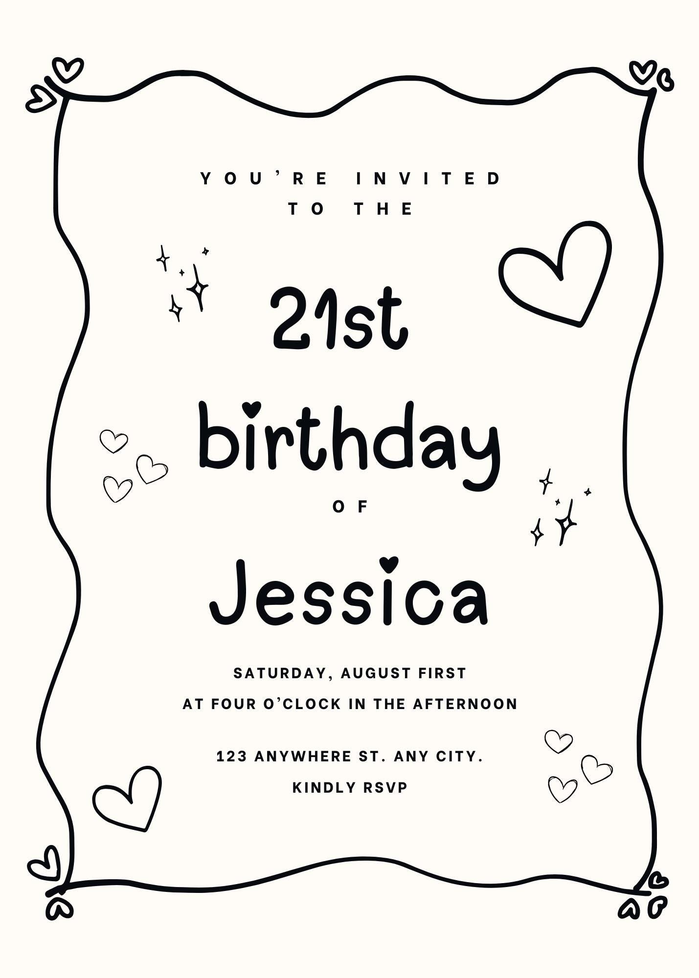 Black and Beige Heart Minimal Birthday Invite