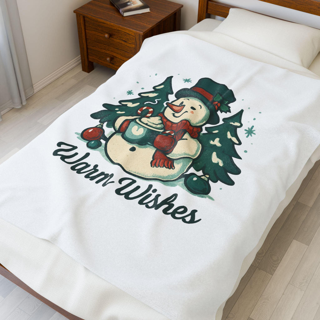 Snowman with Mug Warm Wishes Blanket | Christmas Velveteen Plush Blanket