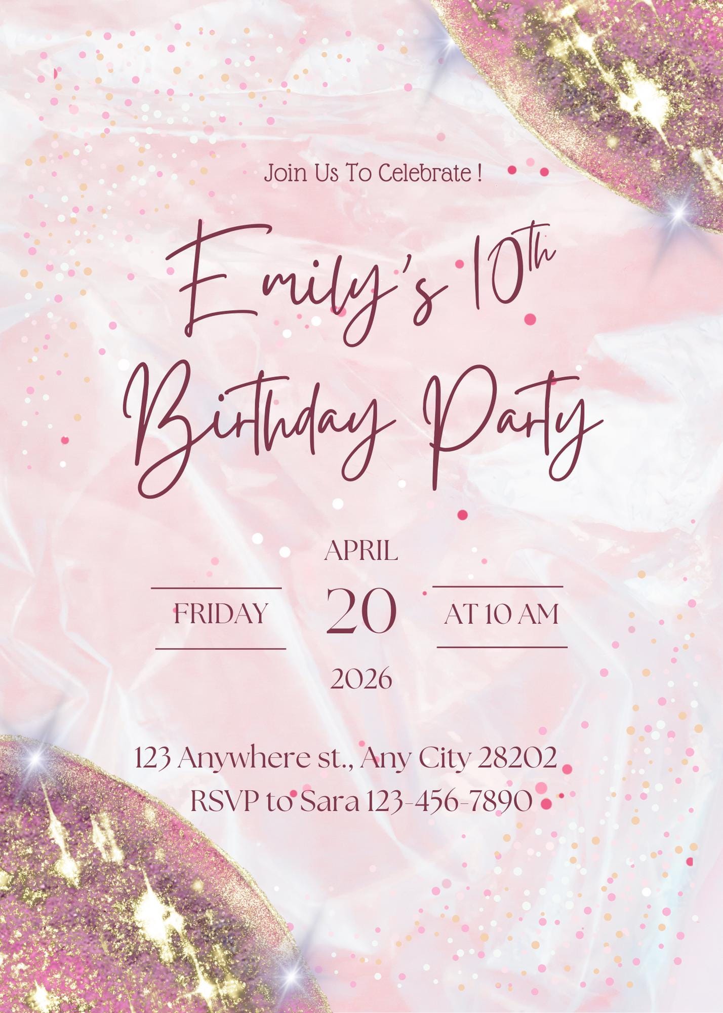 Pink and Gold Confetti Birthday Party Invite
