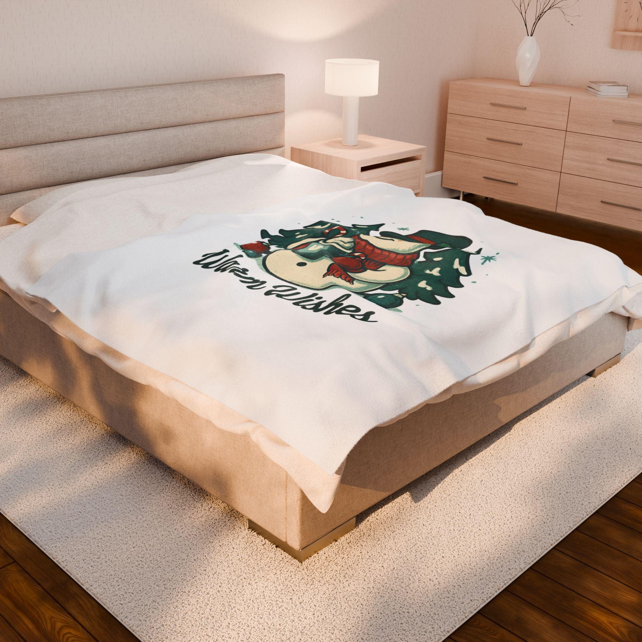 Snowman with Mug Warm Wishes Blanket | Christmas Velveteen Plush Blanket