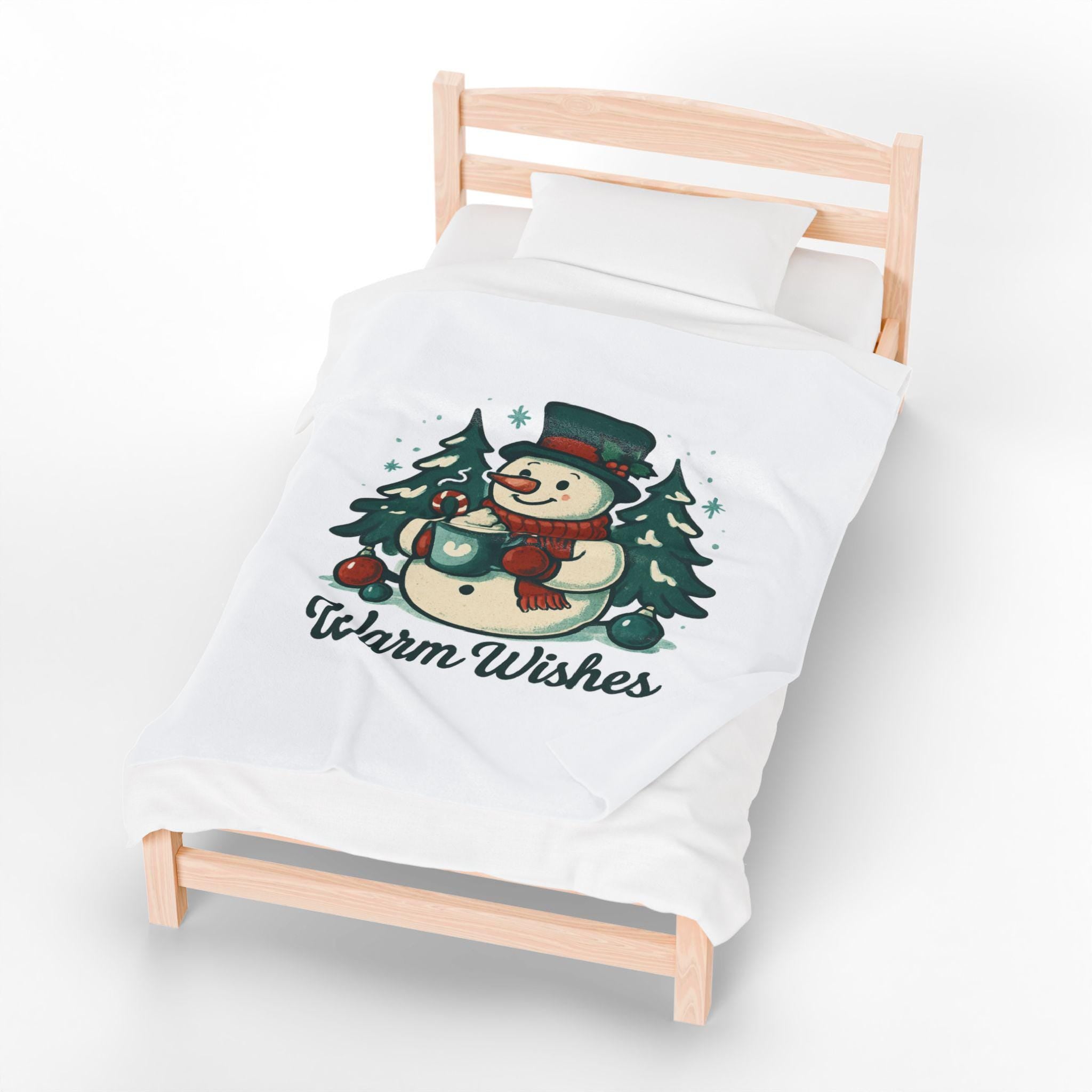 Snowman with Mug Warm Wishes Blanket | Christmas Velveteen Plush Blanket